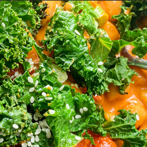 Creamy Gochujang Chickpeas with Roasted Cherry Tomatoes and Greens
