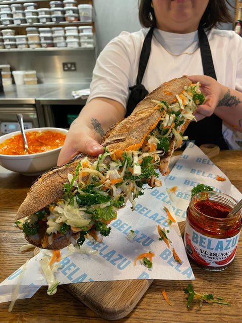 Belazu X Nourished Communities : Chicken sandwich with Ve-du-ya mayo, cabbage, kale and kohlrabi slaw
