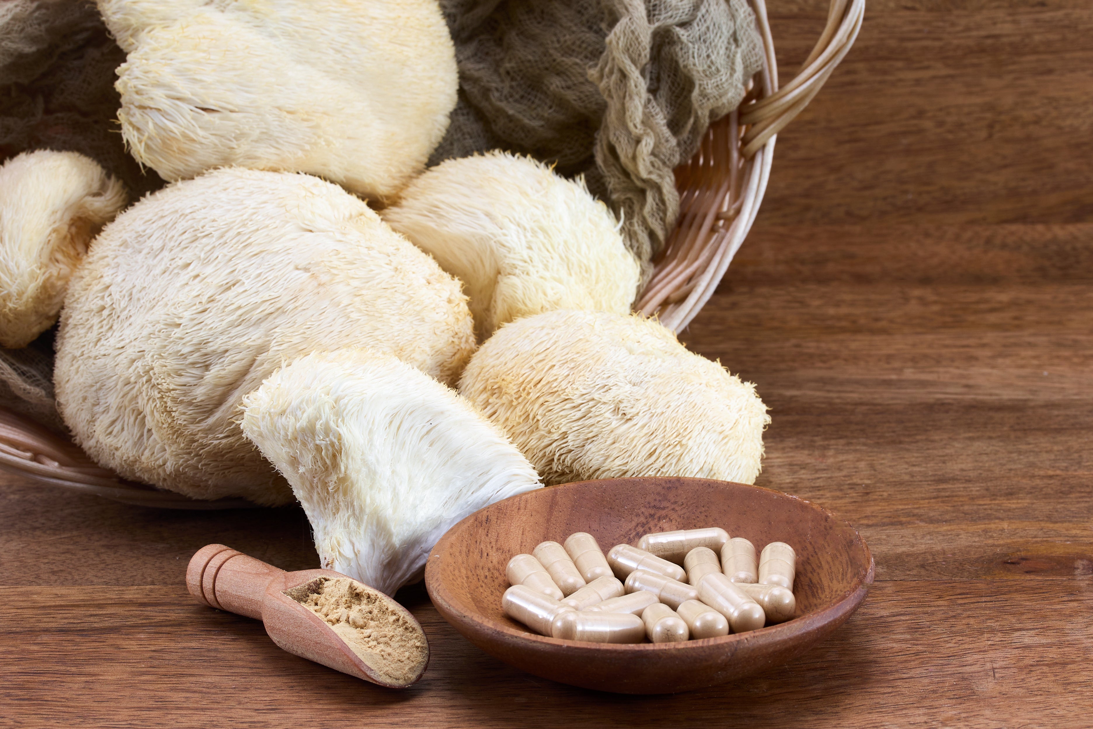 Collection of Lion's Mane mushrooms whole, powder and capsules on wooden surface