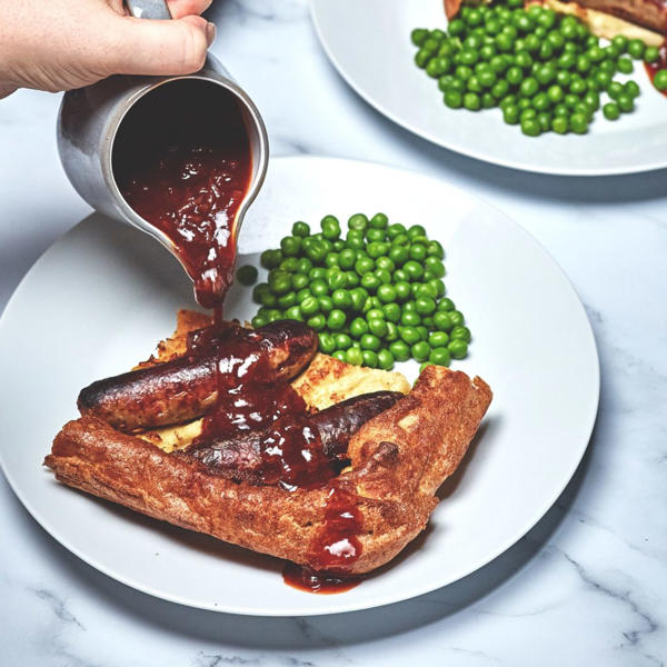 Belazu's Toad in the Hole with Caramelised Onion and Harissa Ketchup Gravy