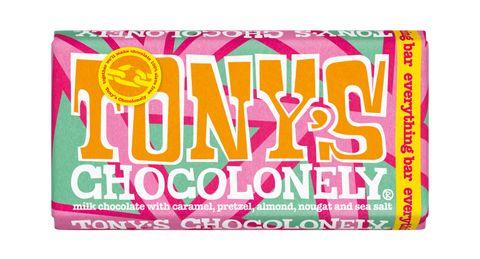 tony chocolonely everything bar 180g milk chocolate with caramel, almonds, pretzel, nougat, and sea salt