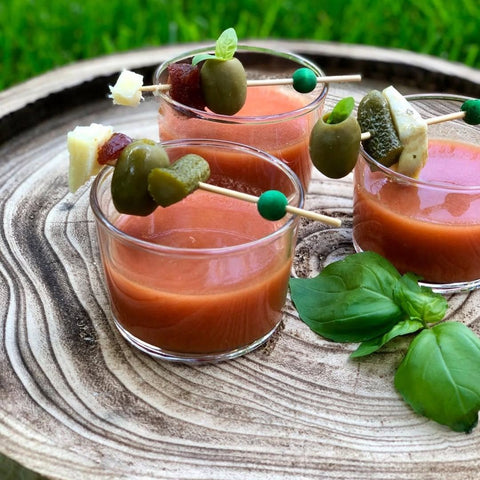 bindisa tomato gazpacho 1L poured in little glasses