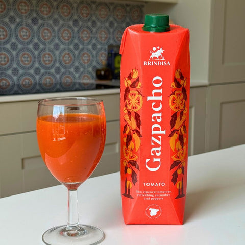 bindisa tomato gazpacho 1L poured in a glass