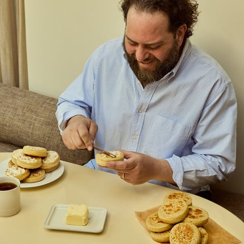 Fresh Crumpets, Made locally, 4 in a pack with baker spreading butter