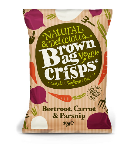 veggie crisps: beetroot, carrot, and parsnip crisps.