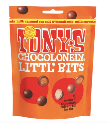tony chocolonely littl bits mix milk caramel sea salt and siscuit 100g