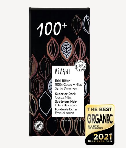 vivani superior dark 100+ with cocoa nibs organic vegan sugar-free chocolate bar with intense cocoa and crunchy nibs