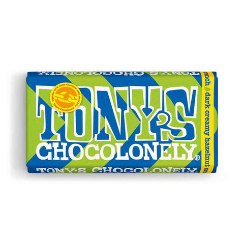 tony chocolonely dark creamy hazelnut crunch milk chocolate with hazelnuts and biscuit
