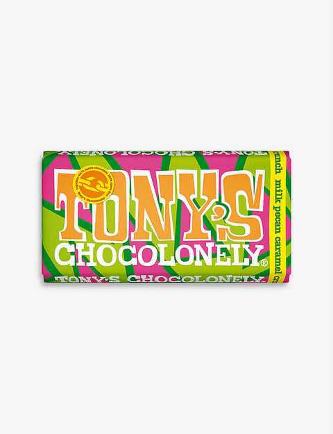 tony chocolonely milk chocolate pecan caramel bar 180g creamy milk chocolate with pecans and caramel