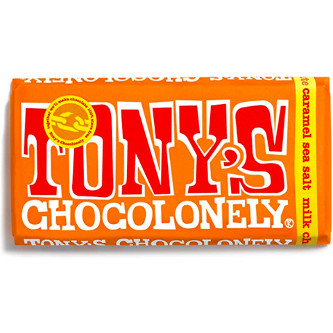 tony chocolonely caramel and sea salt milk chocolate bar 180g creamy milk chocolate with caramel and sea salt fairtrade ethical treat