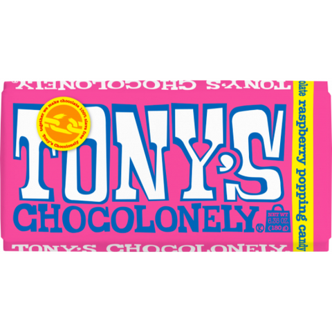 tony chocolonely white chocolate raspberry popping candy 180g fairtrade creamy white chocolate with raspberries and popping candy