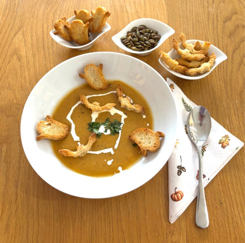 Halloween Soup with Spooky Croutons and Roasted Pumpkin Seeds