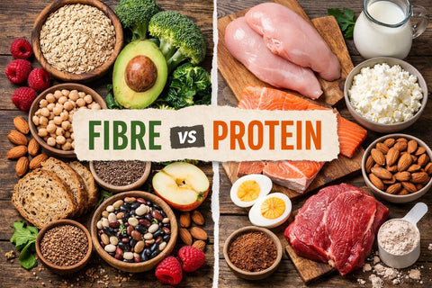 Fibre vs protein poster for blog about health benefits of fibre and protein