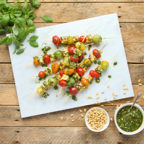 BBQ Tomato and Halloumi Skewers with Fresh Basil Pesto