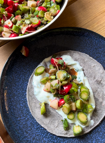 NEW SEASON ASPARAGUS TACOS WITH GARLICKY MINT YOGURT - Veggie, GF