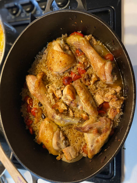 Diana Henry's South American -Spiced Chicken, Black Beans & Rice with Avocado. Pickled Chillies and Soured Cream