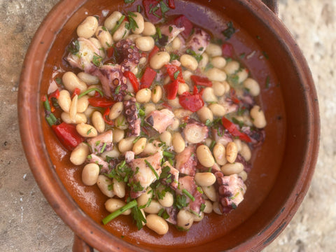 Charred octopus, piquillo pepper & butter bean salad