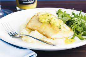 Pan-Fried Sea Bass with Lemony Vegetables and Mashed Potato