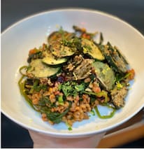 Pearl Barley Risotto with New Season Beetroot, Spinach and Tahini Courgettes