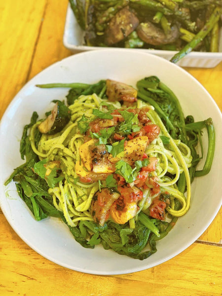 Wild Garlic & Avocado Linguine with Strawberry, Chilli & Lime Courgettes