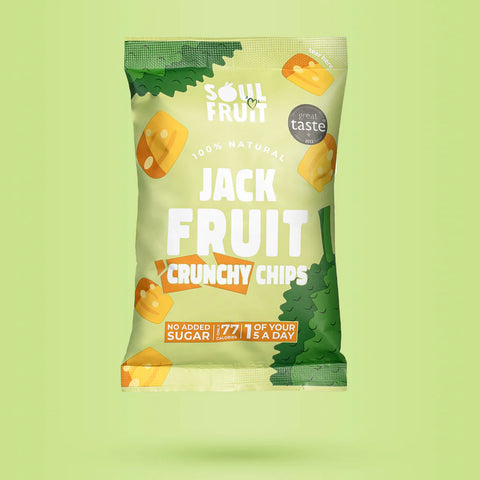 Packaging of Soul Fruit Jack Fruit Crunchy Chips on a light green background