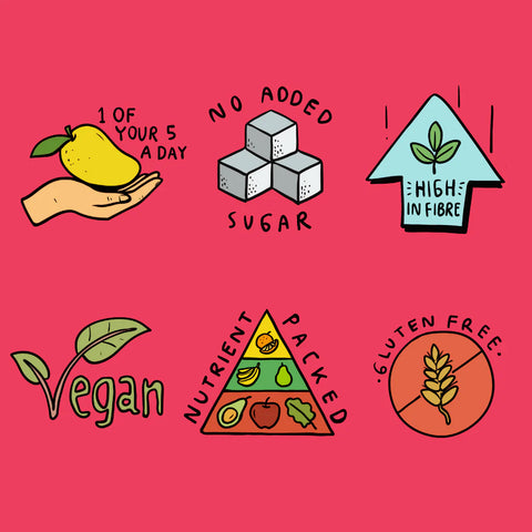 A set of six hand-drawn style graphic illustrations on a solid pink background, featuring healthy lifestyle and nutrition themes: a hand holding a yellow mango with the text '1 OF YOUR 5 A DAY', a stack of sugar cubes with 'NO ADDED SUGAR', a light blue arrow with a leaf and 'HIGH IN FIBRE', a green leaf with 'Vegan', a nutrient pyramid with fruits and vegetables and 'NUTRIENT PACKED', and a gluten-free symbol with 'GLUTEN FREE'.