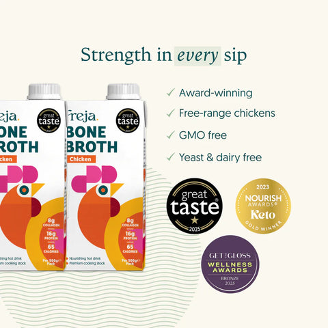 Two cartons of Rejea Bone Broth Chicken shown on a light cream background with marketing text and award seals. The cartons are white with orange and pink graphics and text, alongside checkmarks listing product benefits.