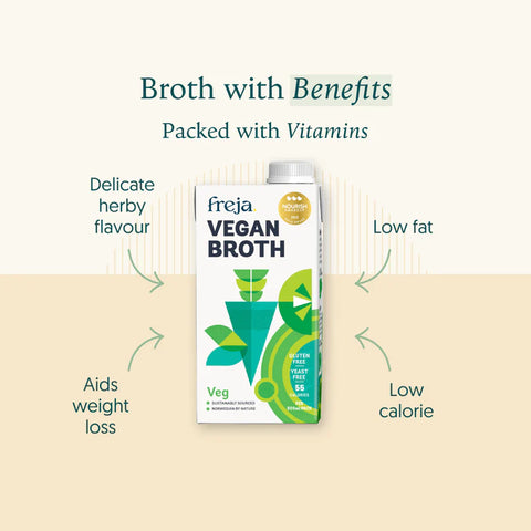 Freja Vegan Broth carton centered on a light beige background with marketing text and arrows around it, including 'Broth with Benefits', 'Packed with Vitamins', 'Delicate herby flavour', 'Low fat', 'Aids weight loss', and 'Low calorie'.
