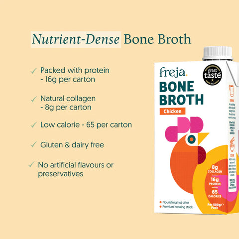 Freja Bone Broth packaging with nutritional information on a beige background