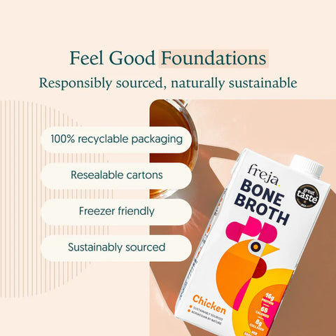 Freja Bone Broth carton with sustainability features on a beige background