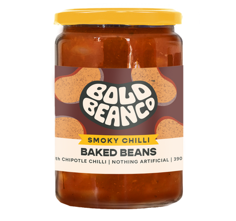 Jar of Bold Beanco smoky chilli baked beans on a white background