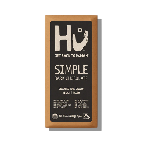 Hu simple dark chocolate bar on white background