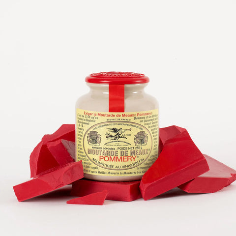 Jar of Moutarde de Meaux Pomery with red lid and base on a white background