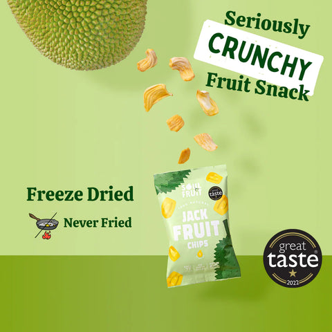 A bag of Jack Fruit Chips by Taste of Fruit is shown floating on a light green background with a large jackfruit illustration, floating chips, and text reading 'Seriously CRUNCHY Fruit Snack,' 'Freeze Dried Never Fried,' and a 'great taste 2017' badge.