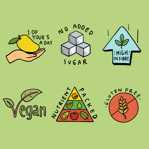 A set of six hand-drawn style health and lifestyle icons on a light green background, including a lemon over a hand with the text '1 OF YOUR 5 A DAY', stacked sugar cubes with 'NO ADDED SUGAR', a blue arrow with a leaf and 'HIGH IN FIBRE', a leaf with 'Vegan', a nutrient pyramid, and a red circle with a crossed-out wheat icon and 'GLUTEN FREE'.