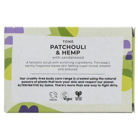 Soap packaging with text about patchouli, hemp, and sandalwood fragrance.
