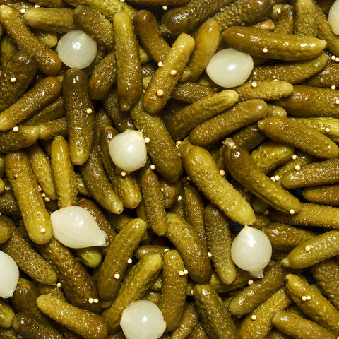 close up of perello gherkins