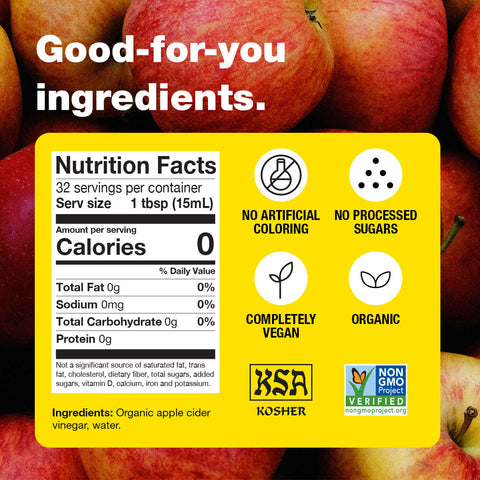 Nutrition label on a background of apples with health benefits highlighted.