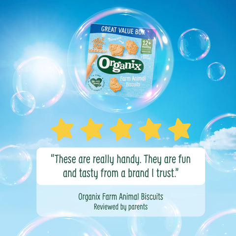 box of Organix farm animal biscuits in a bubble in the sky with 5 stars and quote "these are really handy. they are fun and tasty from a brand i trust"