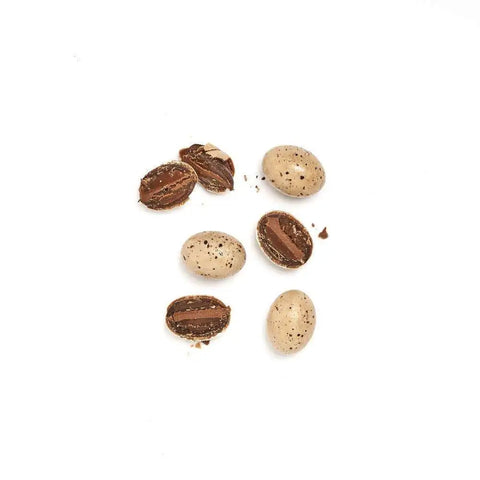 broken chocolate eggs on a white surface