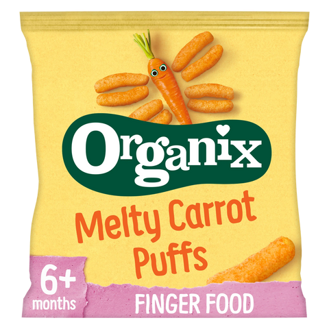 bag of Organix melty carrot puffs on a white background
