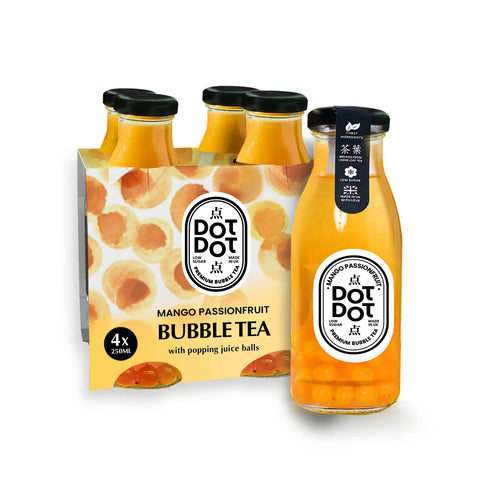 Packaging of Dot Dot Mango Passionfruit Bubble Tea with a single bottle in the foreground on a white background.