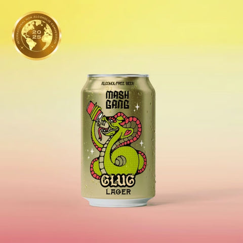 Mash Gang Glug Lager can on a gradient background