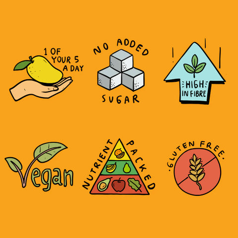 A set of six hand-drawn style health and lifestyle icons on an orange background, including a hand holding a yellow fruit with the text '1 OF YOUR 5 A DAY', stacked sugar cubes with 'NO ADDED SUGAR', a blue arrow with a leaf and 'HIGH IN FIBRE', a green leaf with 'Vegan', a multicolor nutrient triangle with fruits and vegetables, and a red circle with a crossed-out wheat icon and 'GLUTEN FREE'.