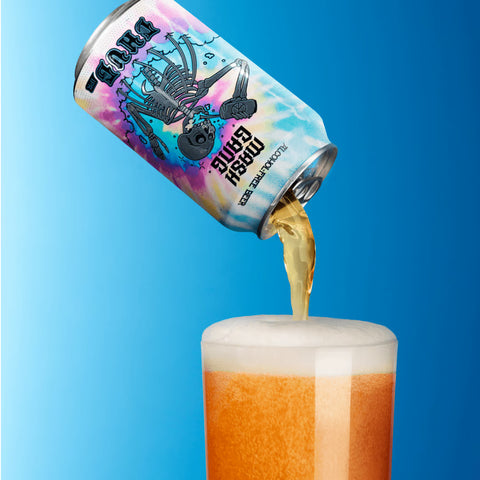 can of mash gang being poured into cup on blue background