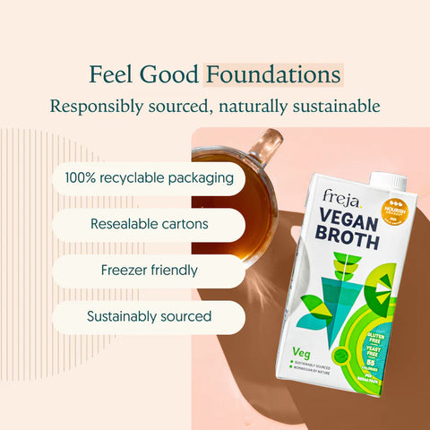 Freja Vegan Broth carton shown beside a glass mug of broth on a soft peach background, with marketing text highlighting recyclable packaging, resealable cartons, freezer friendliness, and sustainable sourcing.