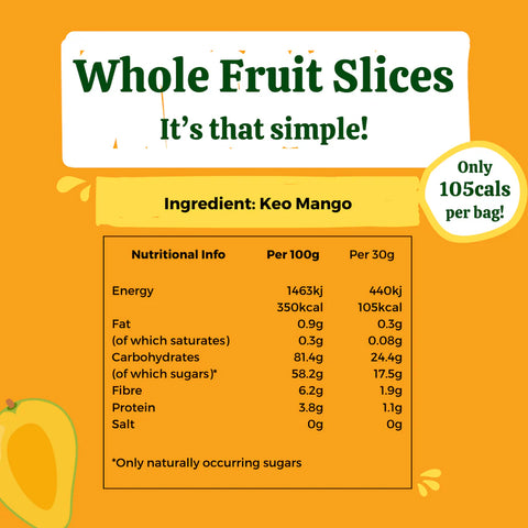 Nutritional information graphic for whole fruit slices in keo mango flavor, showing a table with energy, fat, carbohydrates, fibre, protein, and salt values per 100g and 30g portions on an orange background.