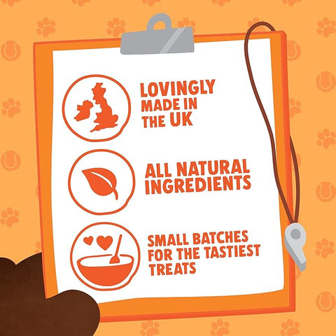 Dog food packaging with 'Lovingly made in the UK' and 'All natural ingredients' text on an orange background.
