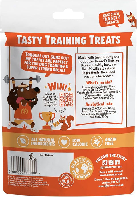 Dog training treats packaging with text and graphics on a white background