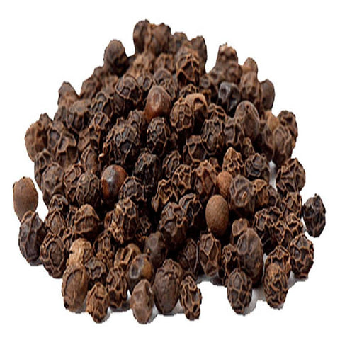 A pile of whole black peppercorns with wrinkled, dark brown to black textured shells, isolated on a white background.